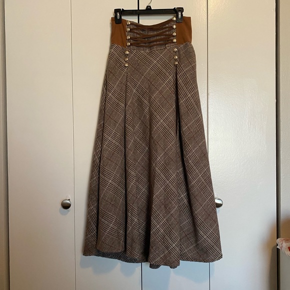 Dresses & Skirts - Unique Vintage Style Victorian Western Brown Plaid Skirt with Gold Buttons